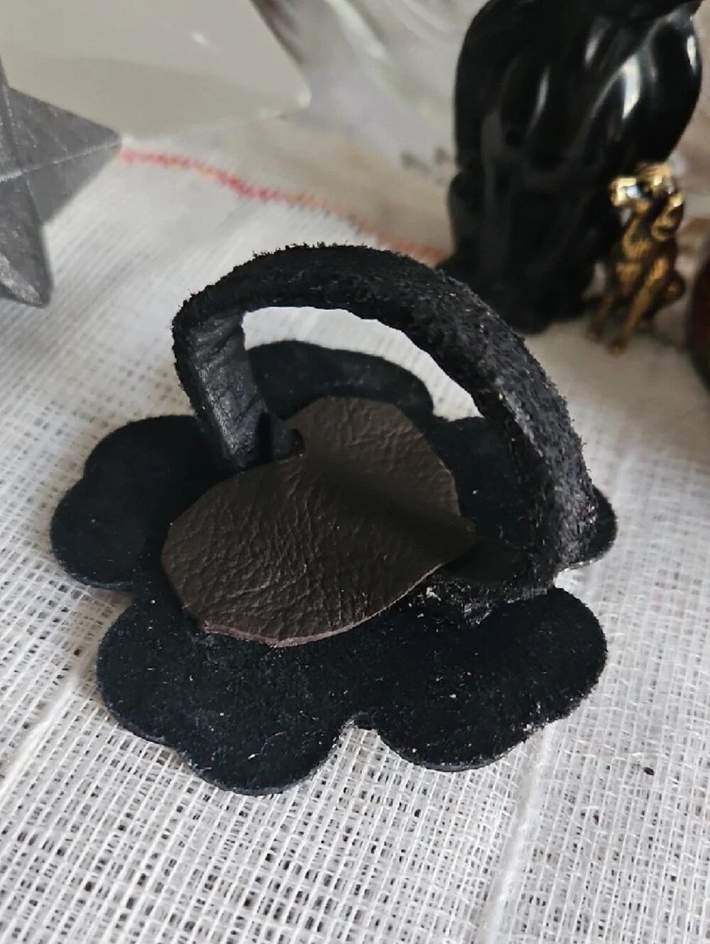 Handcrafted Black Genuine Leather Tooled & Painted Pet Collar Floral Accent NEW